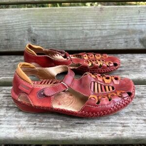 Pikolinos Leather T Strap Red Orange Woven Gladiator Huarache Sandals EU 37 US 7